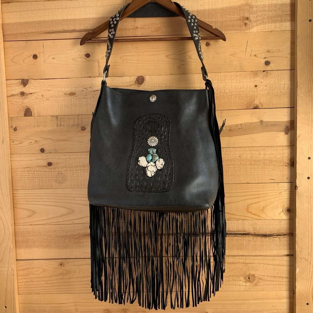 Two Bar West‎ Large Leather Purse Tote Fringes *Flaws* Stones Studded Western - Picture 3 of 10